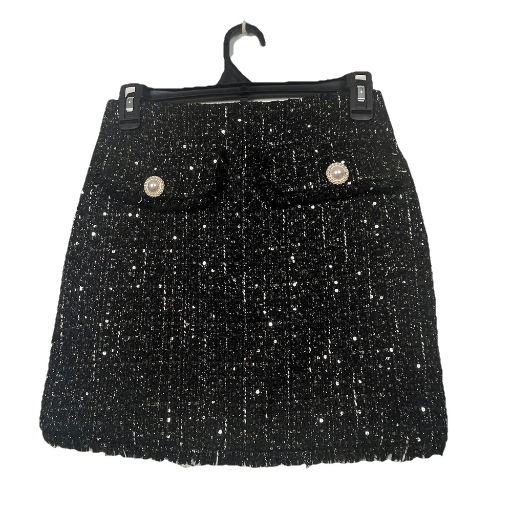 Camila Coelho Berti Mini Skirt XS Black Sequin Tweed Corporate Chic Glam Holiday